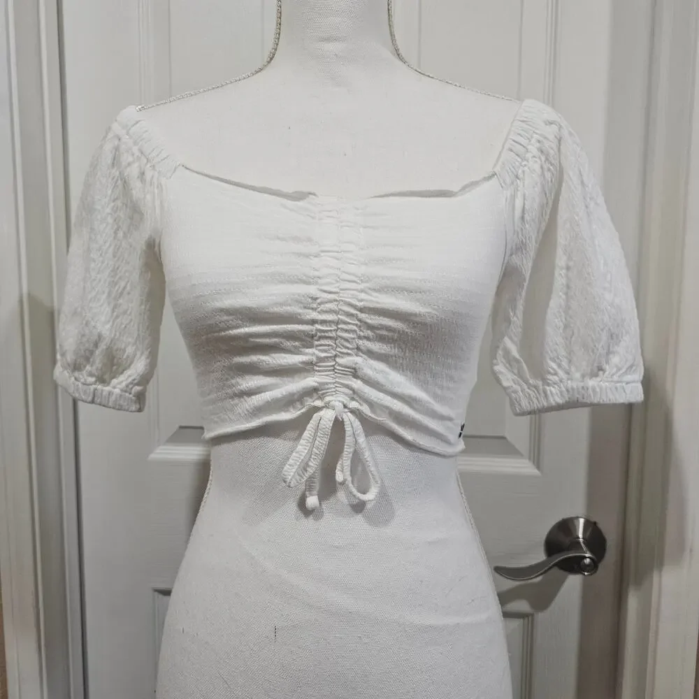 ROXY White Milkmaid Ruched Crop Top Puff Sleeve XS Cottagecore - Picture 8 of 8